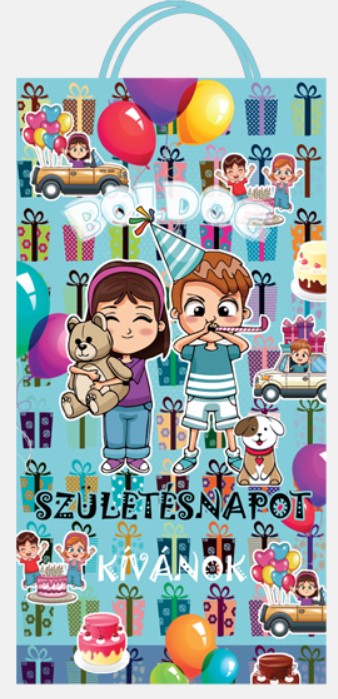 AJÁNDÉKTÁSKA  M-ES 26x14cm BOLDOG SZÜLETÉSNAPOT KÍVÁNOK KÉK KISLÁNY KISFIÚVAL V:03126 KRR CONCARD